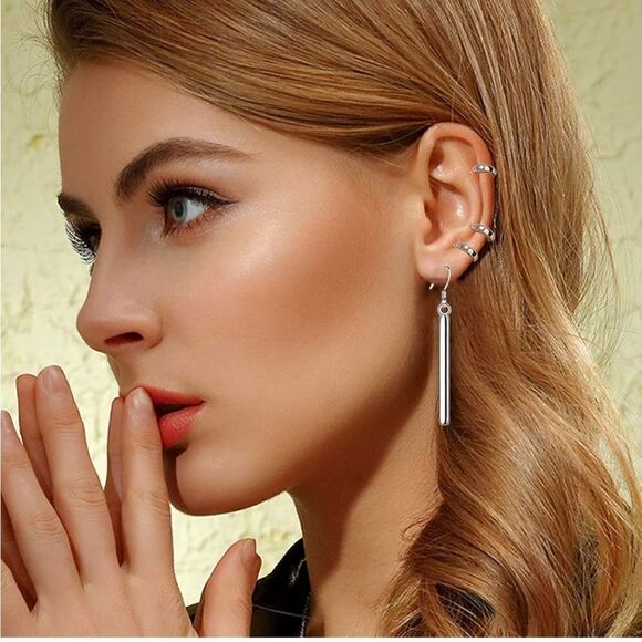 18k gold plated silvertone minimalist dainty vertical bar dangle earrings - Picture 1 of 8